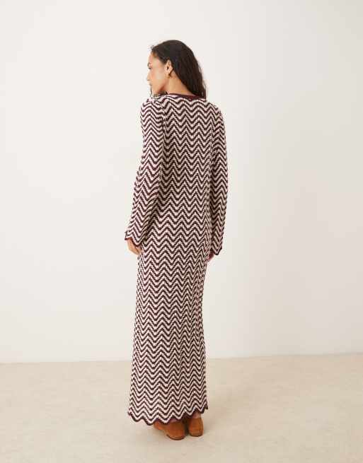 YAS knit maxi dress with lettuce edges in burgundy and white stripes