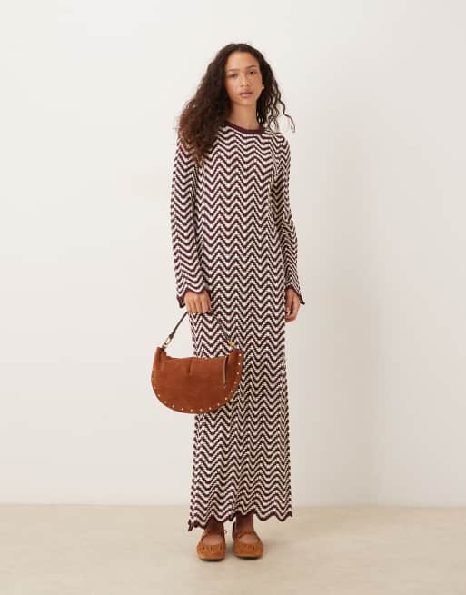 YAS knit maxi dress with lettuce edges in burgundy and white stripes