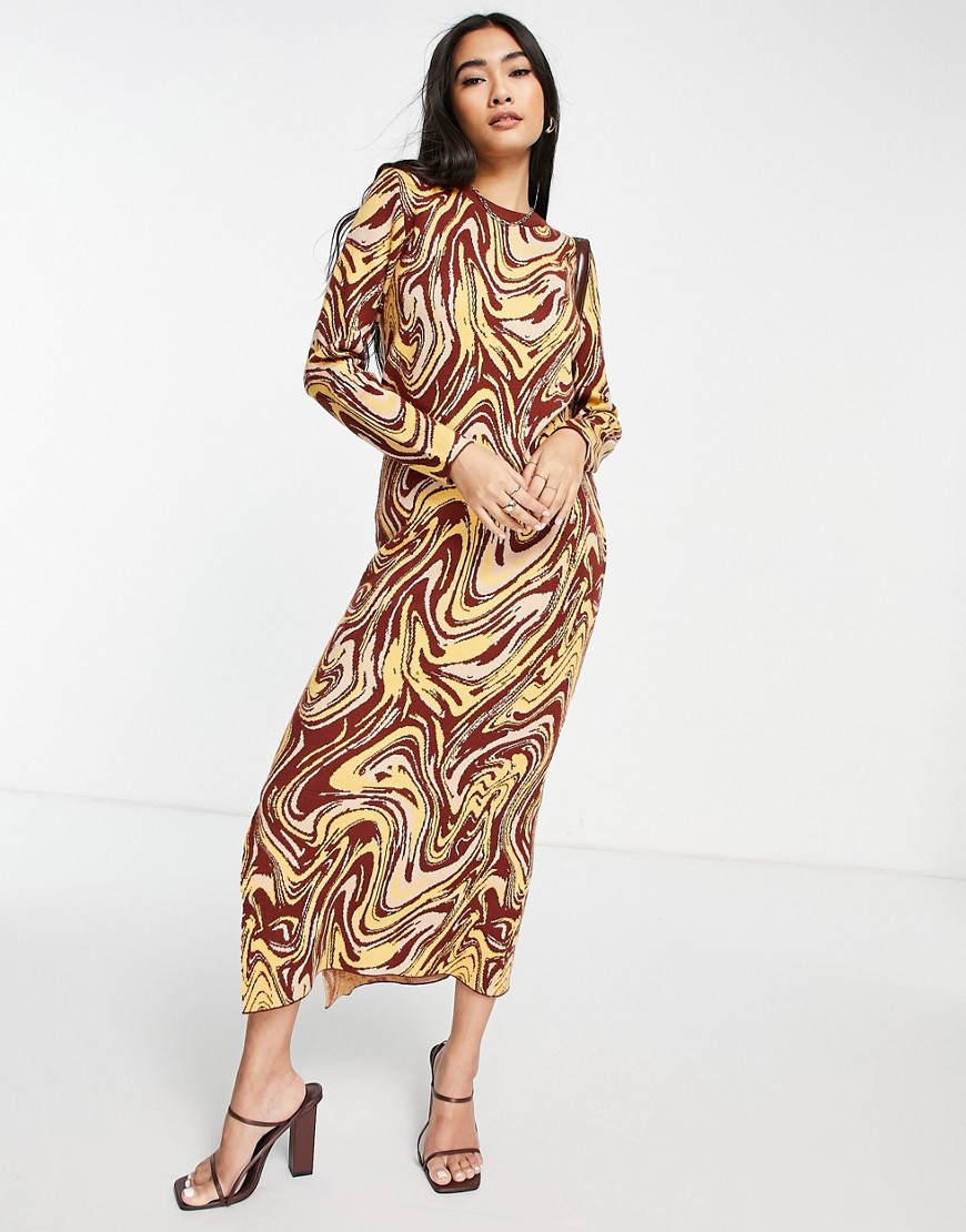 Y.A.S knit midi dress in brown swirl print