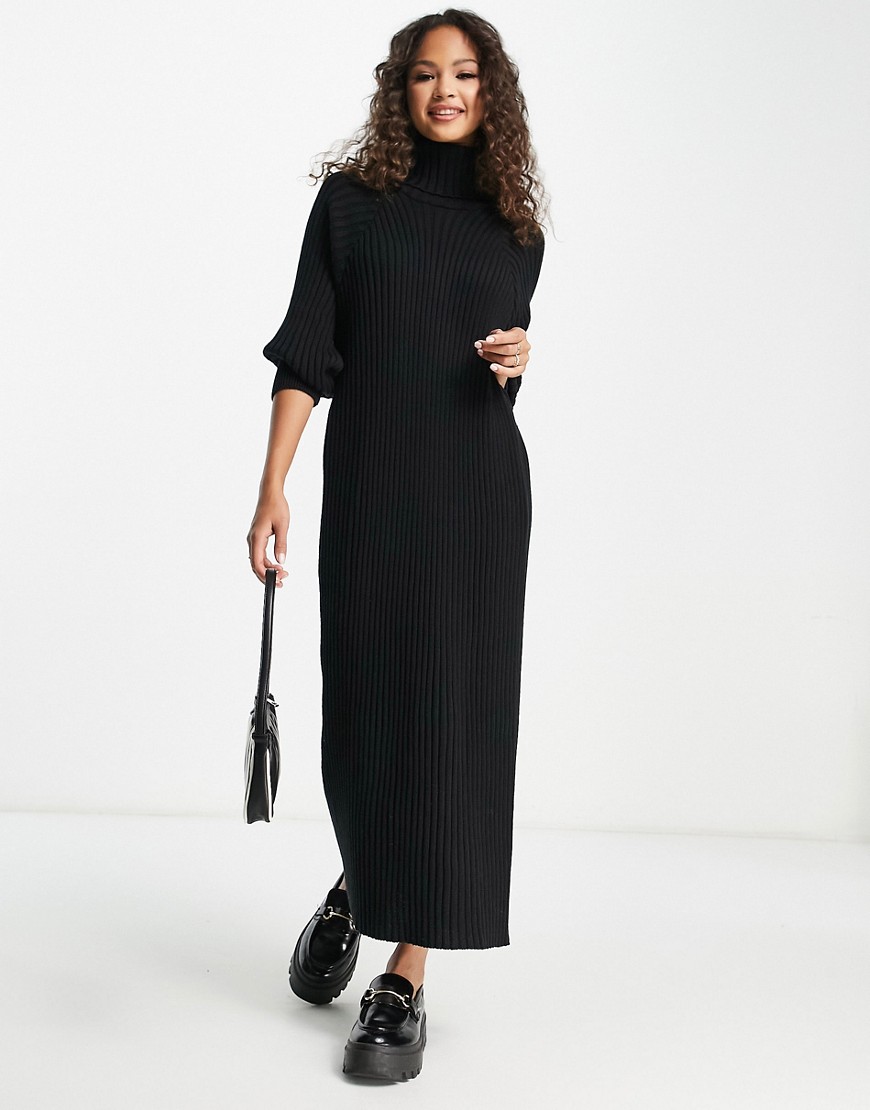knit roll neck midi dress in black