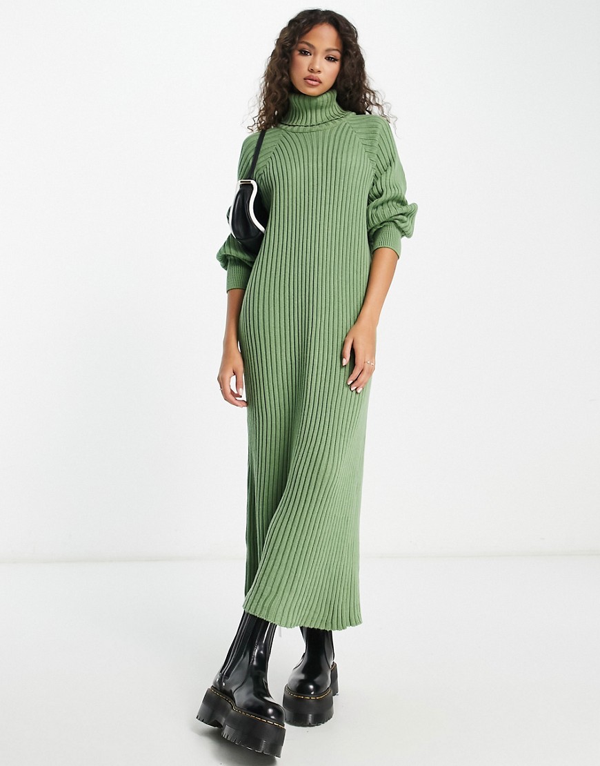 knit roll neck midi dress in khaki-Green