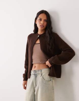 Y.a.s. Knit Sweater With Single Hammered Button In Brown
