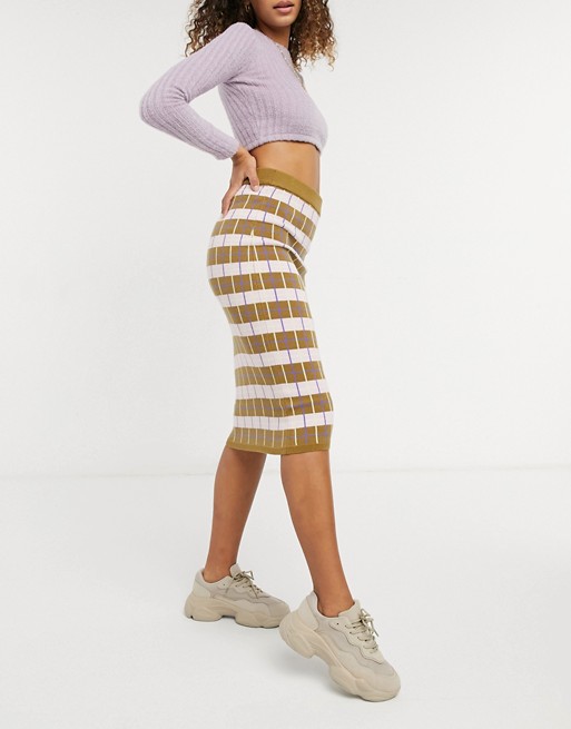 Y.A.S knitted bodycon skirt co-ord in khaki and purple check
