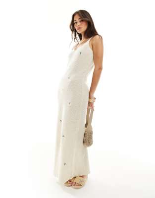 knitted cami maxi dress with floral embroidery in white
