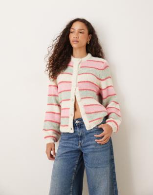 YAS YAS knitted cardigan in cream and pastel stripe-Multi