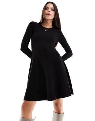 Y.A.S knitted fit and flare mini dress with lace cuff detail in black
