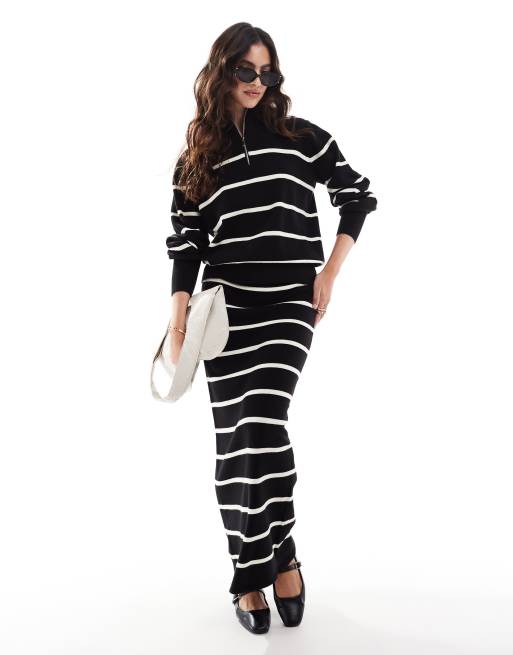 YAS knitted jumper and maxi skirt set in black and cream stripe
