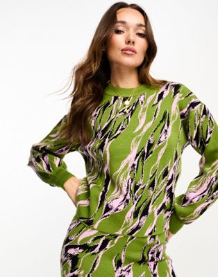 Y.A.S knitted jumper co-ord in green abstract print