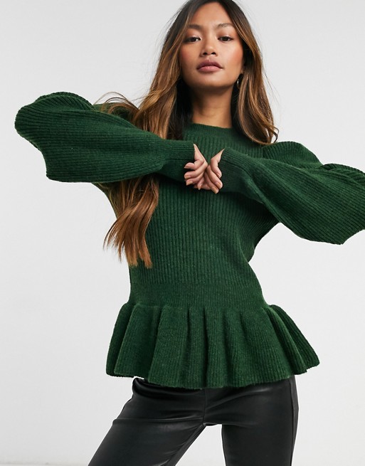 Y.A.S knitted jumper with cut out shoulder and pephem in green