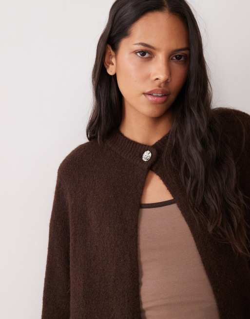 YAS knitted jumper with single hammered button in chocolate brown, 4 of 4