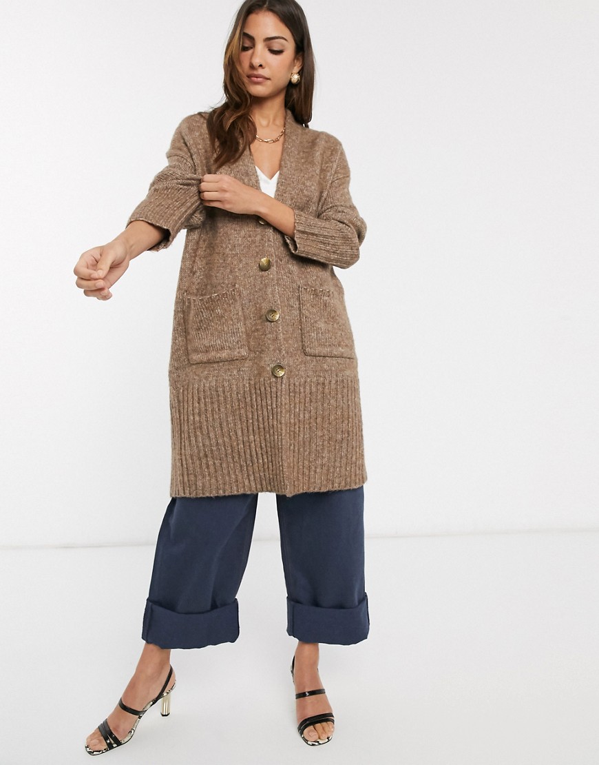 Y.A.S knitted long line cardigan in camel-Brown