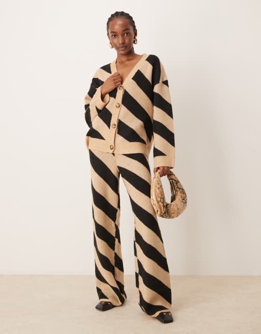 YAS knitted longline cardigan and wide leg pants set in bold camel stripe
