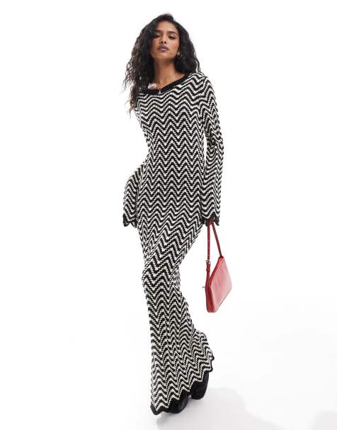 YAS knitted maxi dress with lettuce edge in black and white stripe - view 1