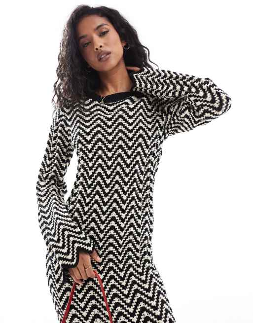 YAS knitted maxi dress with lettuce edge in black and white stripe, 2 of 4