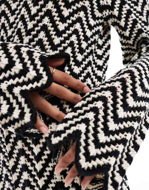 YAS knitted maxi dress with lettuce edge in black and white stripe, 4 of 4