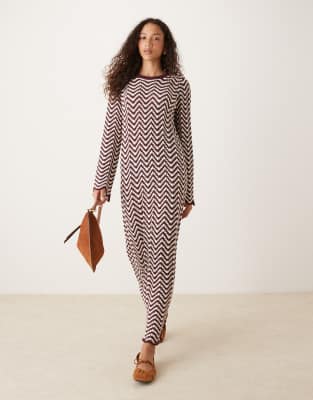 YAS YAS knitted maxi dress with lettuce edge in burgundy and white stripe-Red