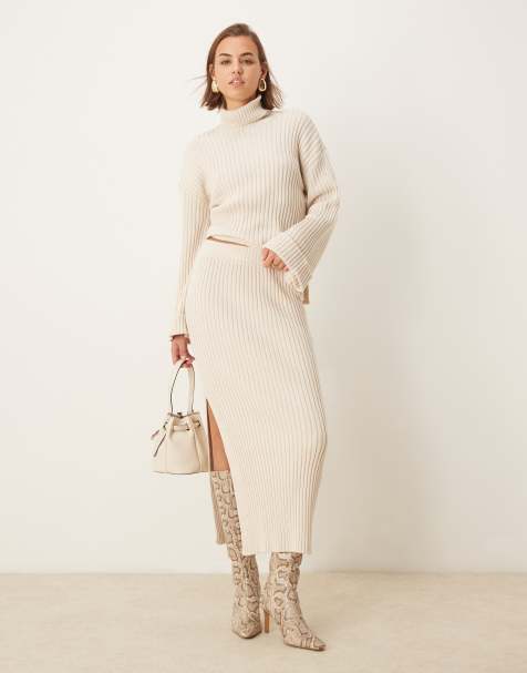YAS knitted maxi skirt co-ord with split in cream