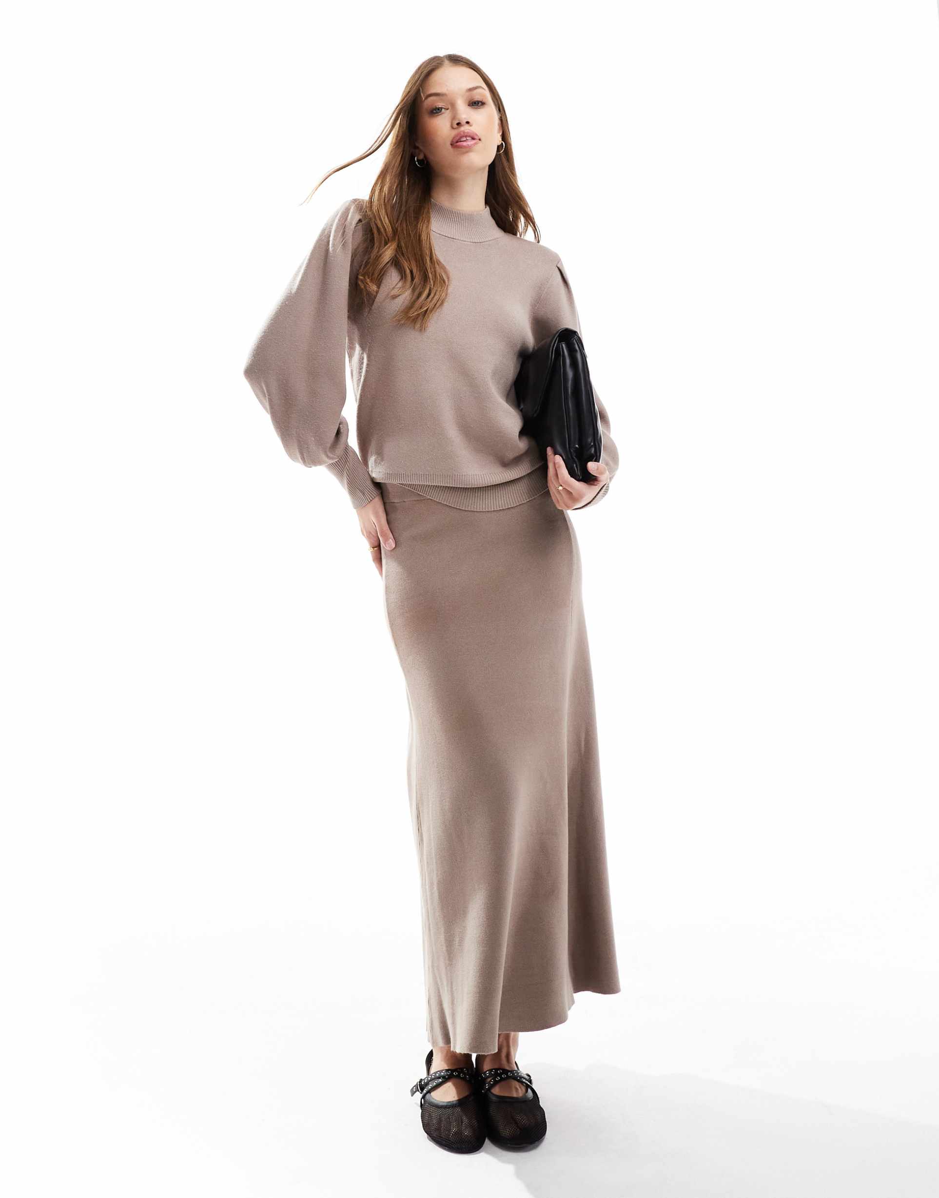 yas knitted maxi skirt in mushroom - part of a set