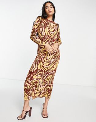 Y.A.S knitted midi dress in brown swirl print