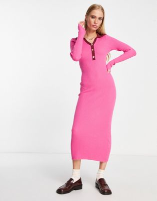Y.A.S knitted midi dress with button detail in pink