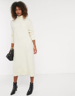 Y.A.S knitted midi dress with roll neck in cream-White