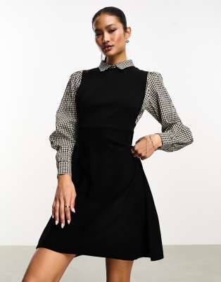 Y.A.S knitted mini dress with check sleeves in black