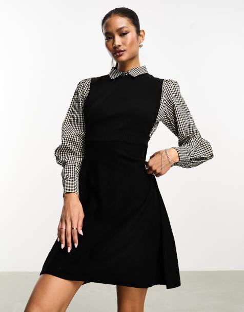 Y.A.S knitted mini dress with check sleeves in black - view 1