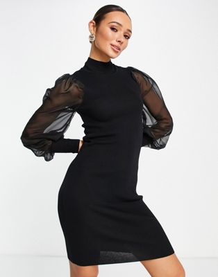 Y.A.S knitted mini dress with sheer sleeves in black