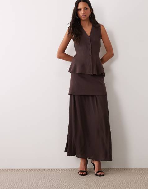 YAS knitted mini skirt with chiffon maxi skirt in chocolate brown (part of a set) - view 1