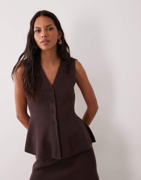YAS knitted peplum hem waistcoat in chocolate brown (part of a set) - view 1