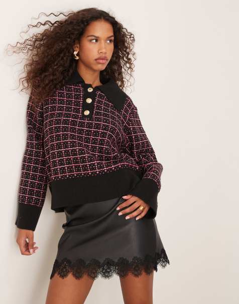 YAS knitted polo jumper in pink check - view 1