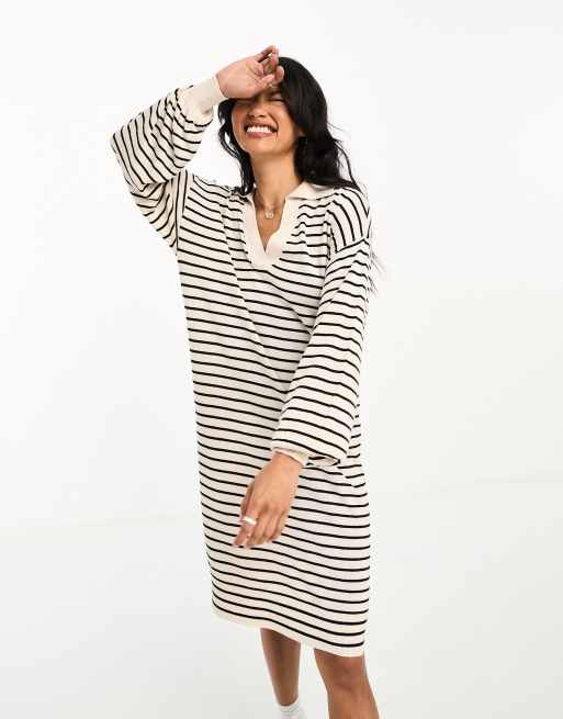 Y.A.S knitted polo midi dress in cream mono stripe