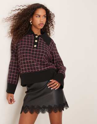 knitted polo sweater in pink check-Multi