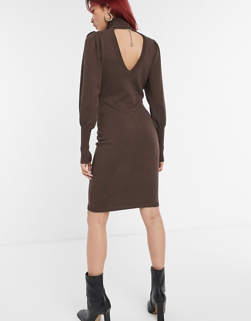 Y.A.S knitted roll neck dress with balloon sleeves in brown