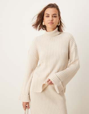 YAS knitted roll neck jumper co-ord with turn up sleeves in cream-White