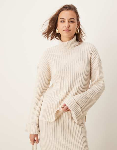 YAS knitted roll neck jumper co-ord with turn up sleeves in cream - view 1