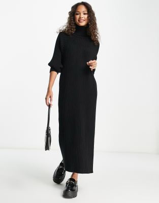 knitted roll neck midi dress in Black