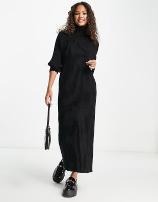 YAS knitted roll neck midi dress in Black