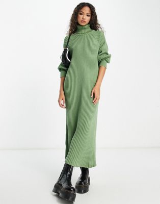 Y.A.S knitted roll neck midi dress in khaki