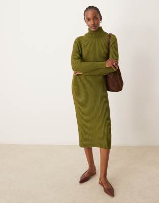 knitted roll neck midi dress in olive green