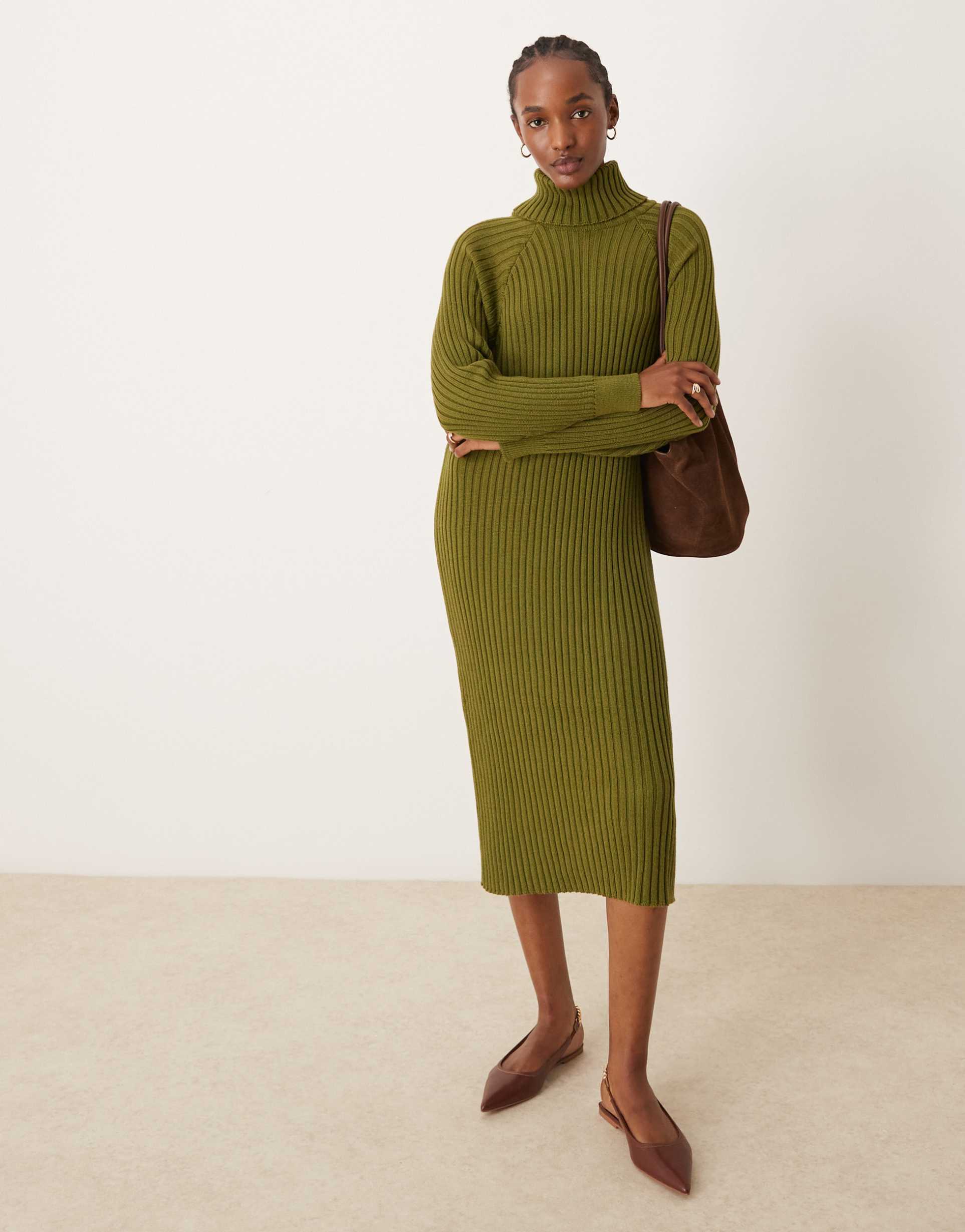 yas knitted roll neck midi dress in olive green