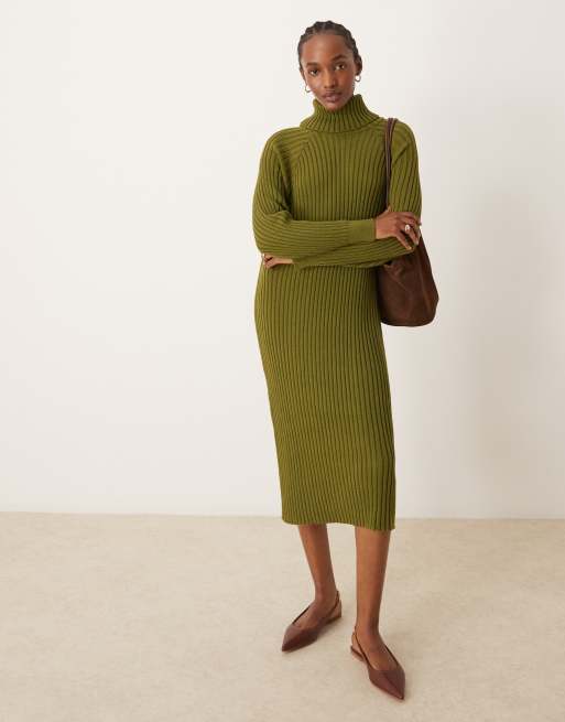 knitted dress green ZOCAVIA Women's High Neck Sweater Fall Knit Pullover Dresses Solid Color Elegant Bodycon Ribbed Knit Midi Dress ArmyGreen S at Amazon Women's Clothing store it offers comfort and style for any occasion "Yana" corduroy jumper dress moss