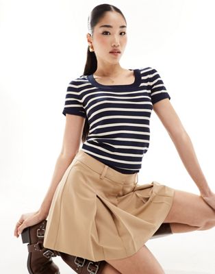 Y.A.S knitted square neck top in navy stripe