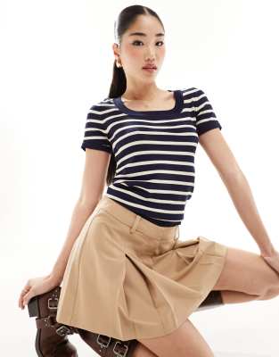 YAS Y.A.S knitted square neck top in navy stripe-Blue