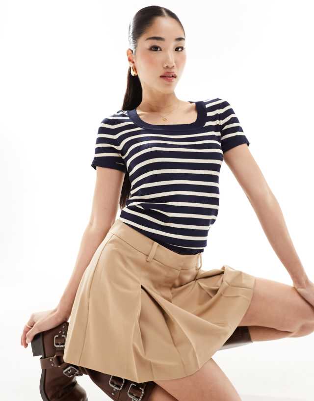 Y.A.S - knitted square neck top in navy stripe