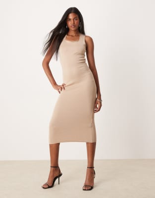YAS YAS knitted strap maxi dress in beige-Neutral