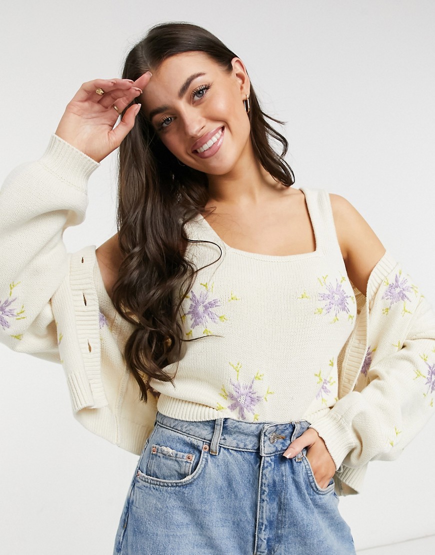 Y.a.s. Knitted Top Twinset With Lilac Floral Embroidery In Cream-white
