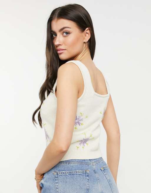 Y.A.S knitted top twinset with lilac floral embroidery in cream, 2 of 4