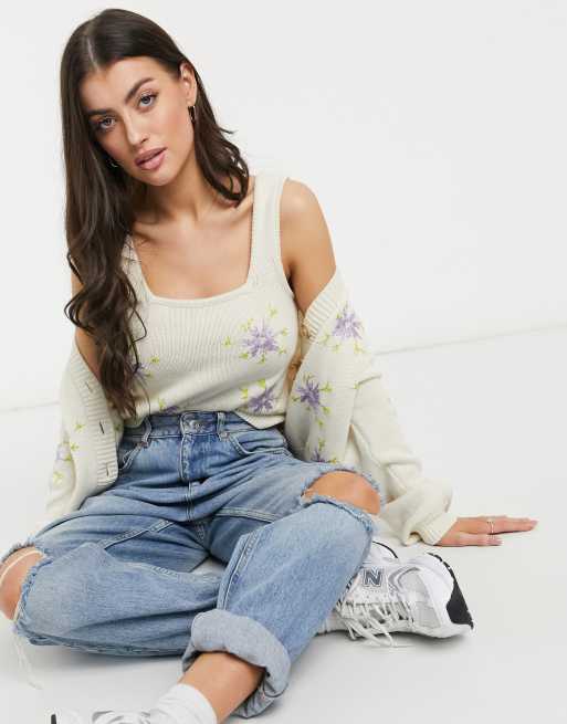 Y.A.S knitted top twinset with lilac floral embroidery in cream, 4 of 4