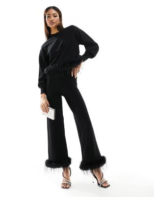Y.A.S knitted wide leg pants with faux fur trim in black (Part of a set)